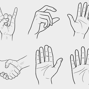 以下が含まれることがあります： 6つの手のジェスチャーの白黒イラスト。ロックンロールのハンドサイン、つまむ手、開いた手のひら、握手、そして2つの上向きの開いた手のひらが描かれています。