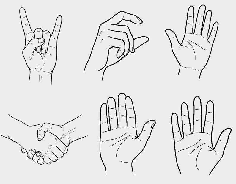 以下が含まれることがあります： 6つの手のジェスチャーの白黒イラスト。ロックンロールのハンドサイン、つまむ手、開いた手のひら、握手、そして2つの上向きの開いた手のひらが描かれています。
