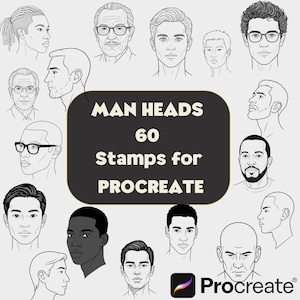 60種類のProcreate男性ヘッド＆フェイススタンプ - キャラクターデザインとスケッチのためのデジタルポートレートブラシ