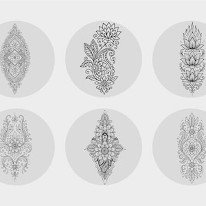 May include: Six detailed black and white floral designs, each set within a pale grey circle. The designs feature paisley, lotus flowers, and symmetrical patterns, ideal for tattoo or decorative art.
