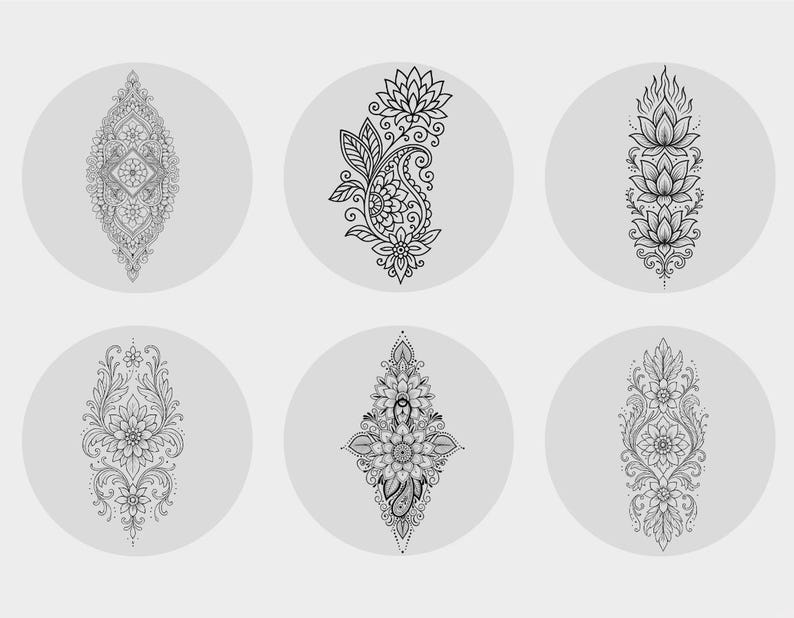 May include: Six detailed black and white floral designs, each set within a pale grey circle. The designs feature paisley, lotus flowers, and symmetrical patterns, ideal for tattoo or decorative art.
