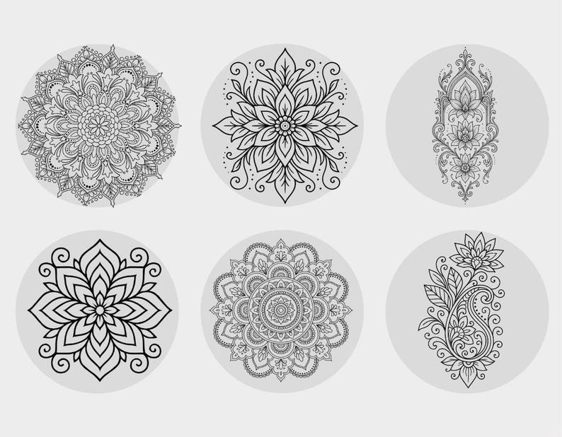 May include: Six black and white mandala designs on a light grey background. The mandalas feature intricate floral and geometric patterns, each within a circular frame. The designs vary in complexity, showcasing detailed line work and symmetrical arrangements.