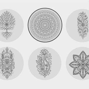 May include: Six black and white line art designs on a light grey background. The designs include a tree, a mandala, a floral arrangement, a floral arch, a paisley with a lotus flower, and a star-shaped floral design.