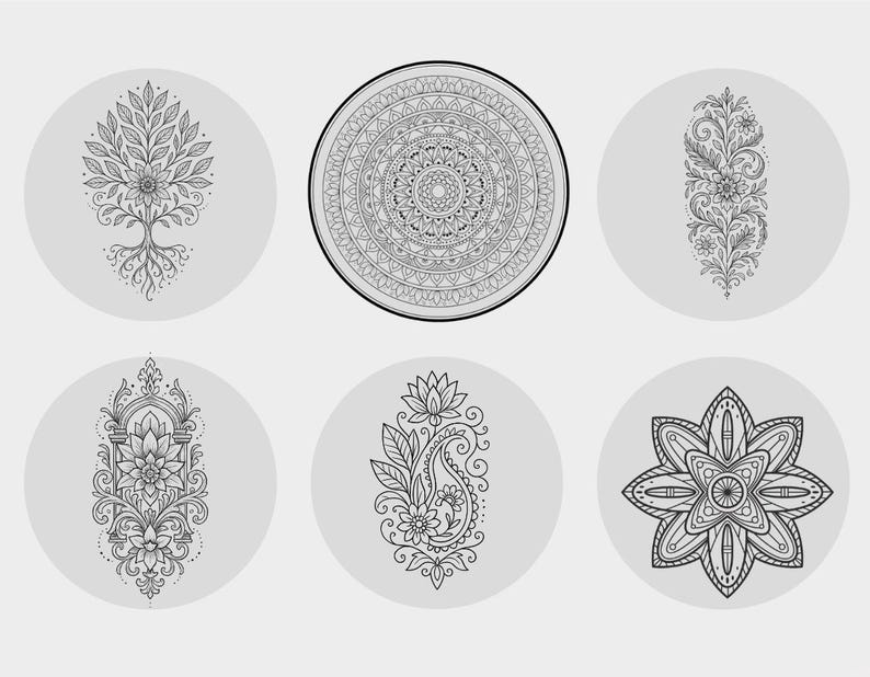 May include: Six black and white line art designs on a light grey background. The designs include a tree, a mandala, a floral arrangement, a floral arch, a paisley with a lotus flower, and a star-shaped floral design.
