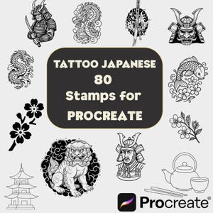 日本のタトゥー Procreate スタンプ 80 種類（鯉、桜、漢字）（デジタルダウンロード）