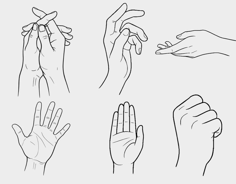 以下が含まれることがあります： さまざまなポーズの手の線画イラスト。画像には、組まれた手、開いた手、握りこぶしが描かれています。イラストは白黒で、手の細部に焦点を当てています。