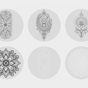May include: Six circular designs featuring intricate floral and mandala patterns in black and white. The designs include detailed illustrations of flowers, leaves, and symmetrical patterns, set against a light grey background.