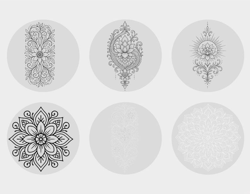 May include: Six circular designs featuring intricate floral and mandala patterns in black and white. The designs include detailed illustrations of flowers, leaves, and symmetrical patterns, set against a light grey background.
