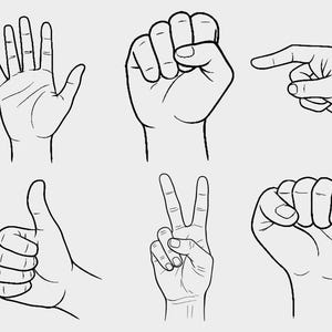 以下が含まれることがあります： 6種類の異なる手のジェスチャーの白黒線画。ジェスチャーには、開いた手のひら、握りこぶし、指差し、親指を立てる、平和のサイン、握りこぶしが含まれます。