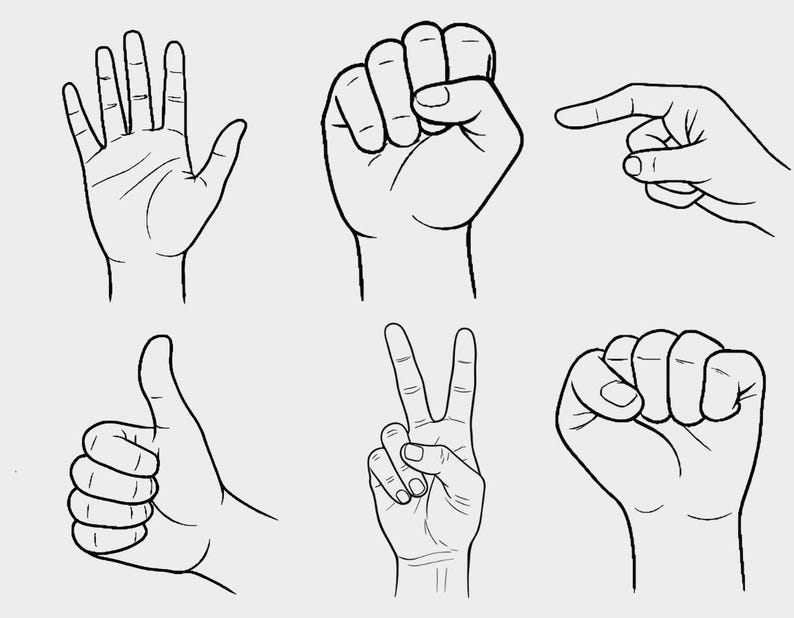 以下が含まれることがあります： 6種類の異なる手のジェスチャーの白黒線画。ジェスチャーには、開いた手のひら、握りこぶし、指差し、親指を立てる、平和のサイン、握りこぶしが含まれます。