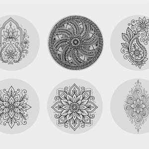 May include: Six circular designs featuring intricate black and white floral and mandala patterns. The designs include a lotus flower, a paisley, and a detailed circular mandala. The images are set against a light grey background.