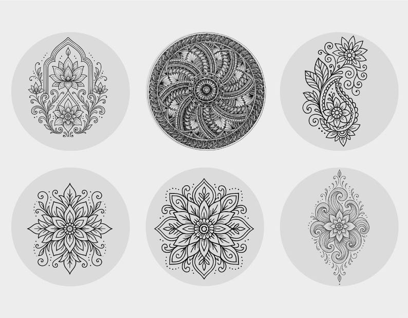 May include: Six circular designs featuring intricate black and white floral and mandala patterns. The designs include a lotus flower, a paisley, and a detailed circular mandala. The images are set against a light grey background.