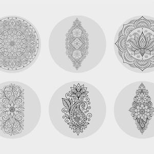 May include: Six black and white mandala designs on a light grey background. The designs include circular and elongated patterns with floral and geometric elements. The intricate details are suitable for colouring or decorative purposes.