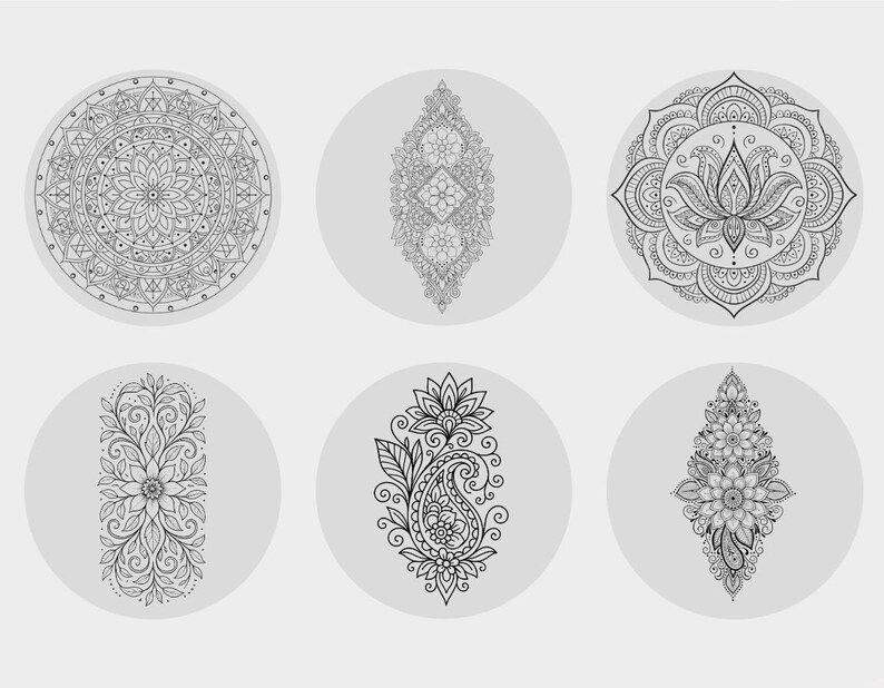 May include: Six black and white mandala designs on a light grey background. The designs include circular and elongated patterns with floral and geometric elements. The intricate details are suitable for colouring or decorative purposes.