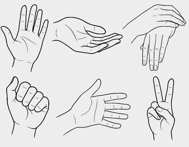 以下が含まれることがあります： さまざまな手のジェスチャーの線画：開いた手のひら、すくった手、組んだ手、握りこぶし、開いた手、ピースサイン。イラストは、明るい灰色の背景に黒色です。