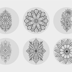 May include: Six black and white mandala designs on a light grey background. The designs feature floral patterns, geometric shapes, and paisley elements, each within a circular frame. These intricate illustrations are suitable for colouring or decorative purposes.