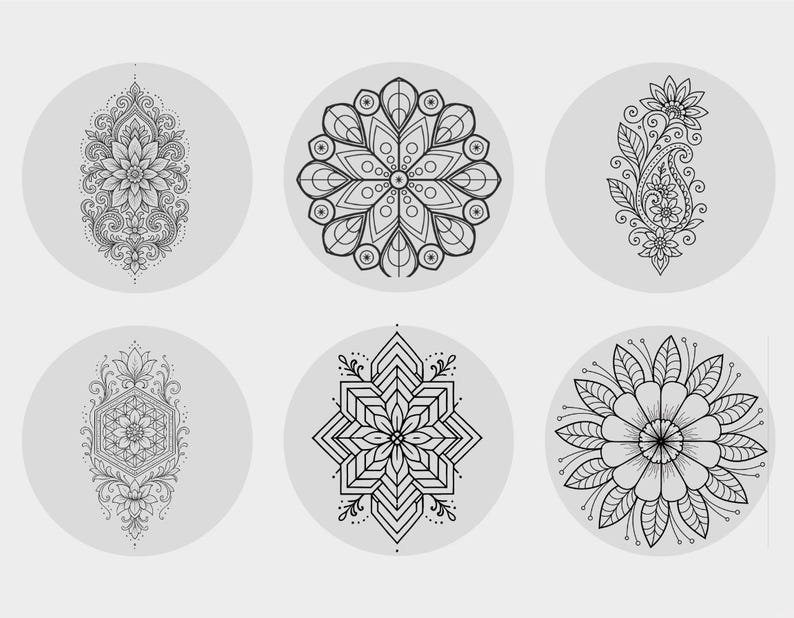 May include: Six black and white mandala designs on a light grey background. The designs feature floral patterns, geometric shapes, and paisley elements, each within a circular frame. These intricate illustrations are suitable for colouring or decorative purposes.