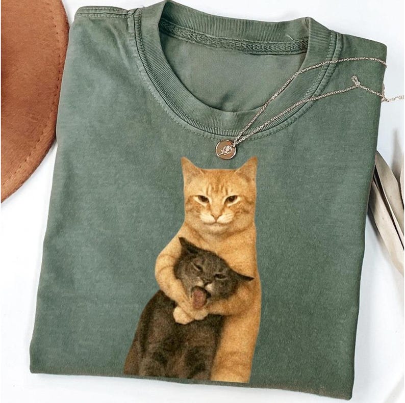 May include: Sage green t-shirt featuring a graphic of two cats hugging. One cat is orange, and the other is gray. A silver necklace with a small pendant is draped on the shirt.
