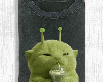 Alien Cat Matcha Shirt, Cute Green Kitty Graphic Tee, Funny Space Cat Aesthetic Tee, Kawaii Alien Pet Shirt, Trendy Matcha Lover Gift