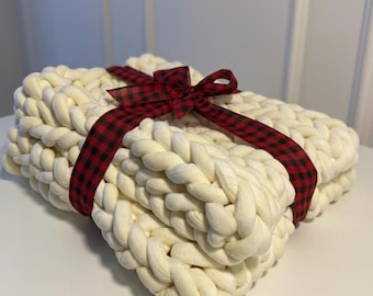 Handmade Cream White Chunky Knit Blanket - Soft Fleece Throw, Gift Ready