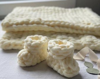 Handmade Chunky Knit Yellow Baby Blanket & Booties Set - Newborn Gift