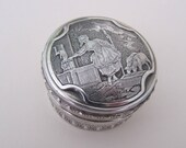 French silver pillbox snuff box pastoral repoussé design, Made in France, shepardess and lambs, vintage French items gifts, Little Bo Peep