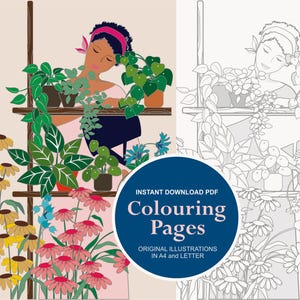 Może przedstawiać: Ilustracja osoby pielęgnującej rośliny doniczkowe na półce, otoczonej kolorowymi kwiatami. Obraz zawiera tekst "Colouring Pages" i "Instant Download PDF".