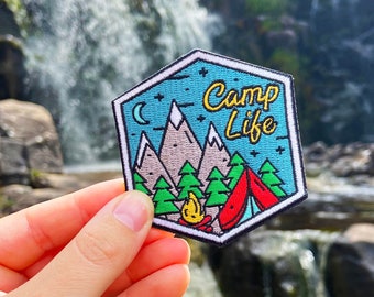 Camp Life Iron-On Patch, Sew, Embroidered, Adventure, Mountains, Tent, Hike