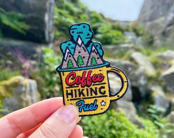 Coffee Hiking Fuel Iron-on Patch, Sew, Embroidered, Mug, Mountains, Nature, Hike Adventure