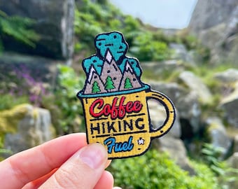 Coffee Hiking Fuel Iron-on Patch, Sew, Embroidered, Mug, Mountains, Nature, Hike Adventure