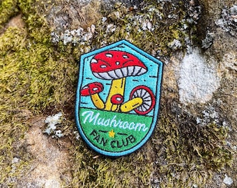 Mushroom Fan Club Iron-On Patch, Fungi, Foraging, Nature, Adventure, Sew, Embroidered