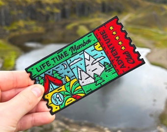 Adventure Club Ticket Iron-on Patch, Sew, Embroidered, Mountains Nature, Travel