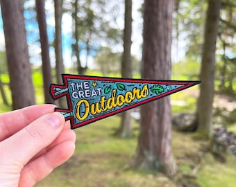 The Great Outdoors Pennant Iron-on Patch, Sew, Embroidered, Mountains Nature, Hike