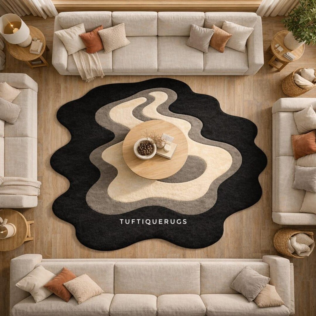 Hand Tufted Abstract Black Organic Rug Modern Sculpted Living Room Area ...