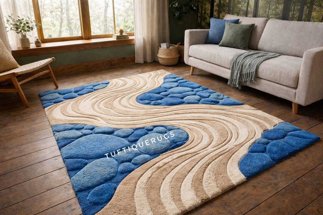 Hand Tufted Pebble Wave Rug – Blue & Beige Modern Wool Area Rug ...