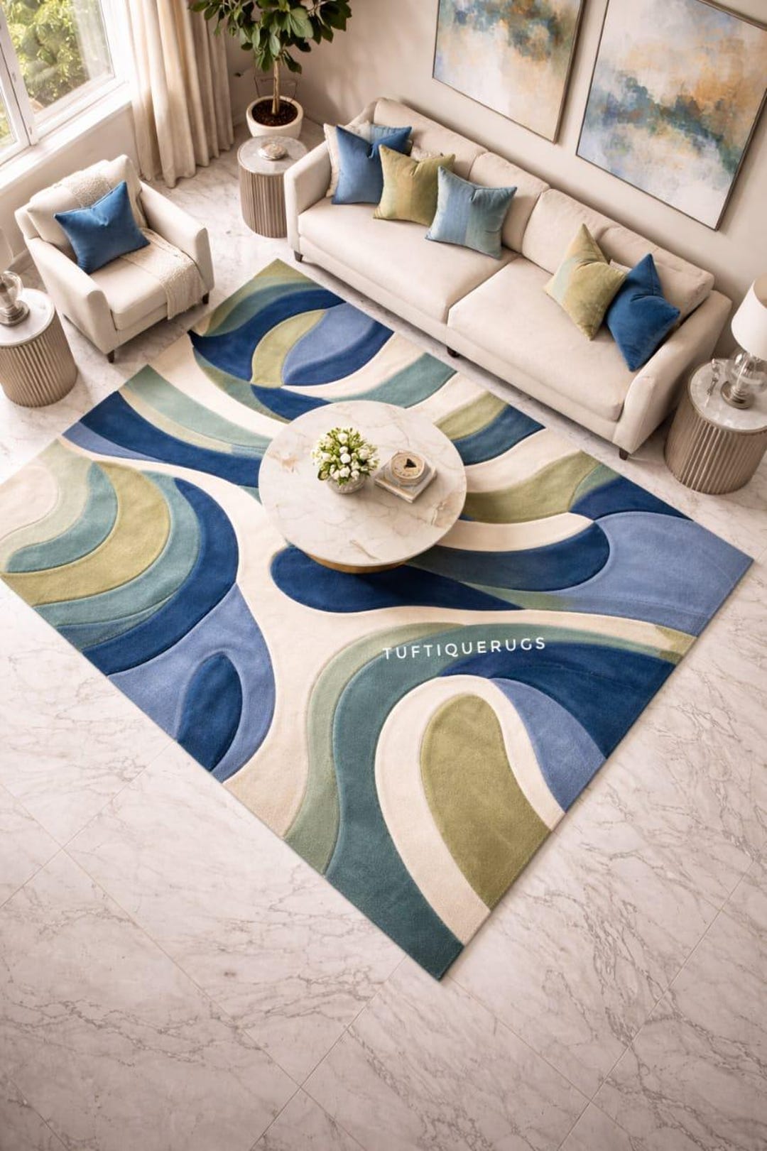 Hand Tufted Blue Green Abstract Rug - Etsy