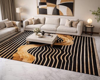 Black Gold Wave Hand-Tufted Wool & Silk Rug | Modern Luxury Art Rug | Sizes  9x12, 10x14