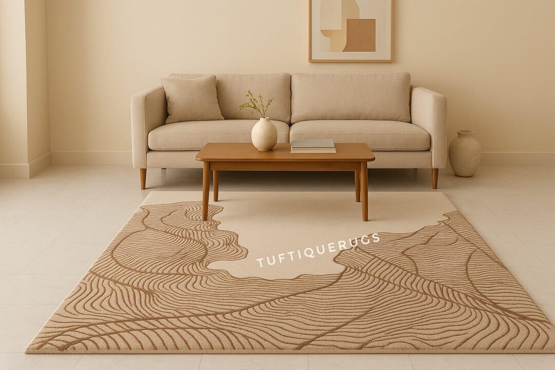 Beige Abstract Hand Tufted Wool Rug | Modern Contour Design - Etsy