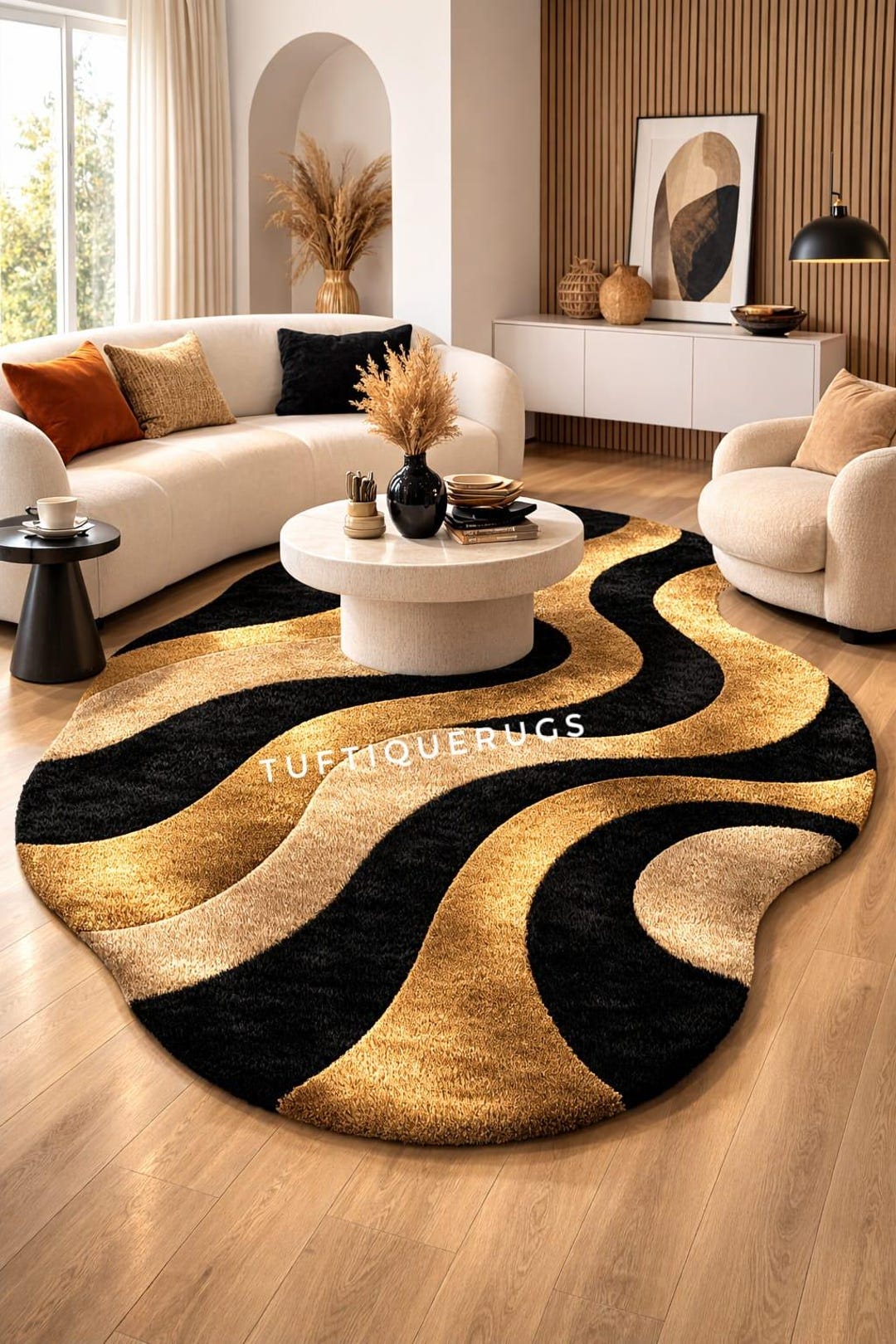 Hand Tufted Abstract Wave Rug, Modern Black Gold Wool Area Rug Living ...