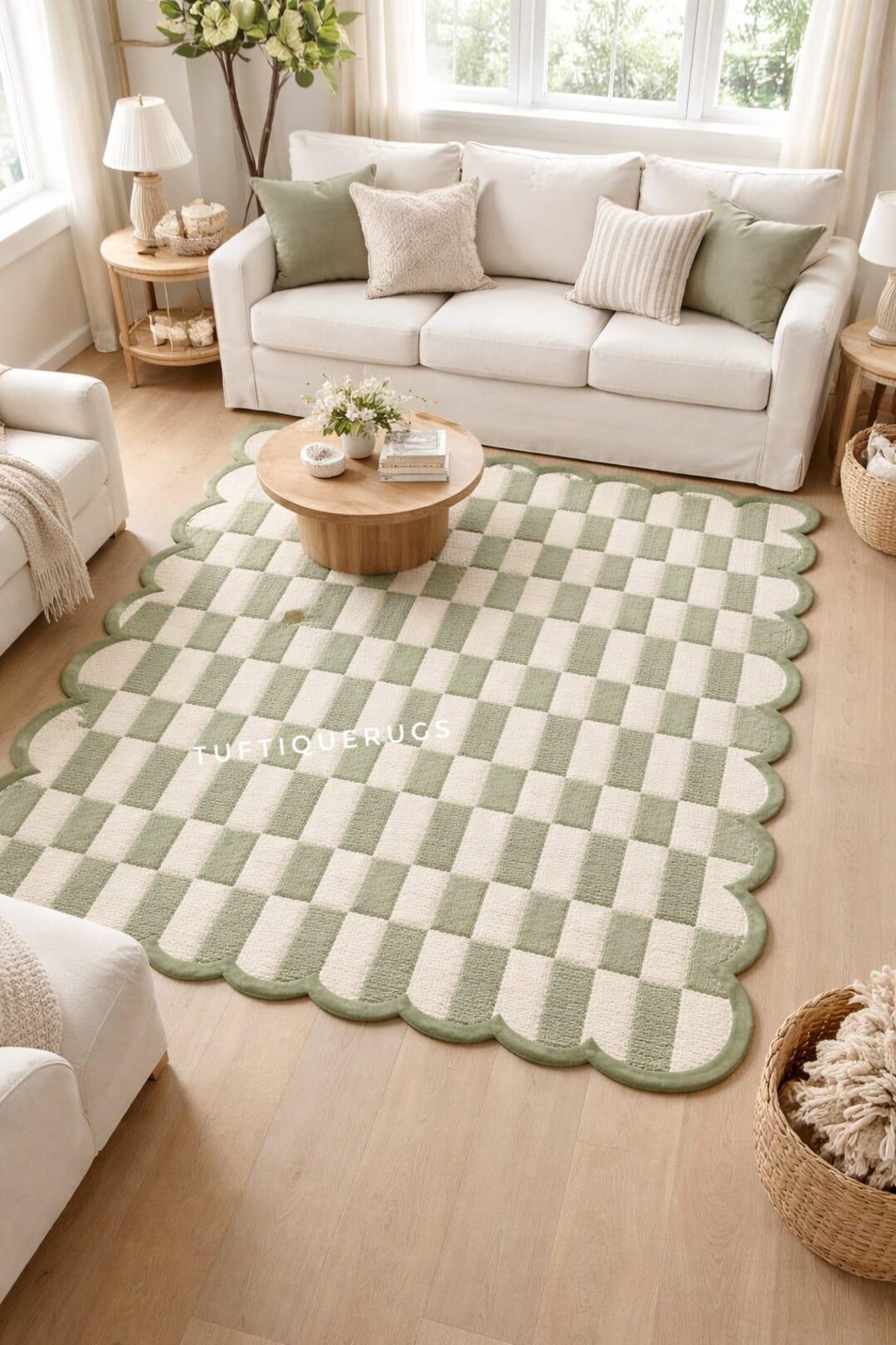Hand Tufted Green Check Wool Area Rug | Custom Size - Etsy