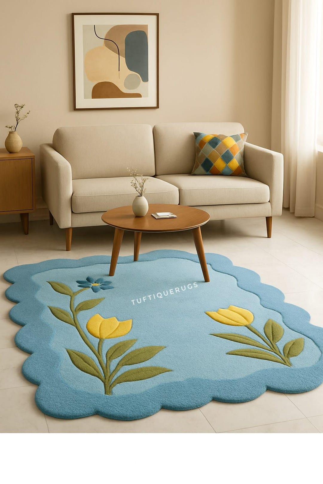 Blue Floral Hand Tufted Rug – Scalloped Edge - Etsy