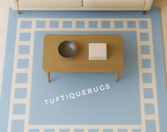 Light Blue Tufted Rug with Geometric Frame | Sizes 6x9, 9x12, 10x14