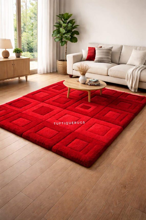 Hand Tufted Red Wool Rug – Modern Geometric Area Rug