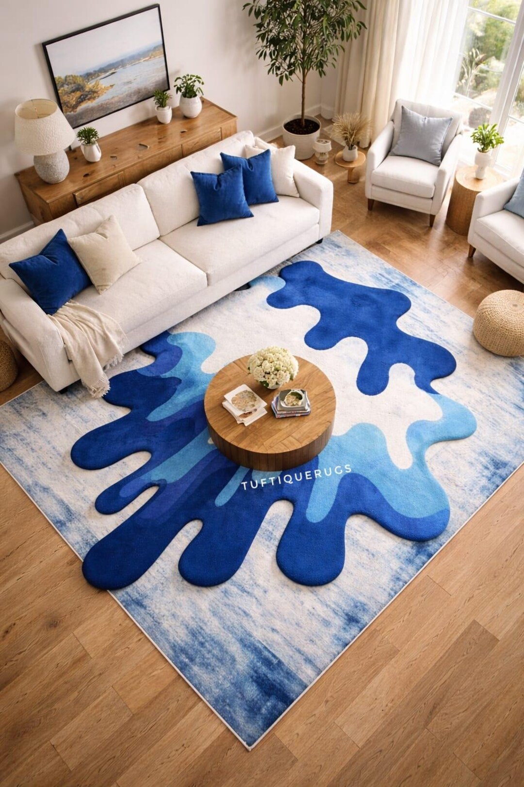 Blue Abstract Splash Hand Tufted Wool Rug Modern Statement Area Carpet ...
