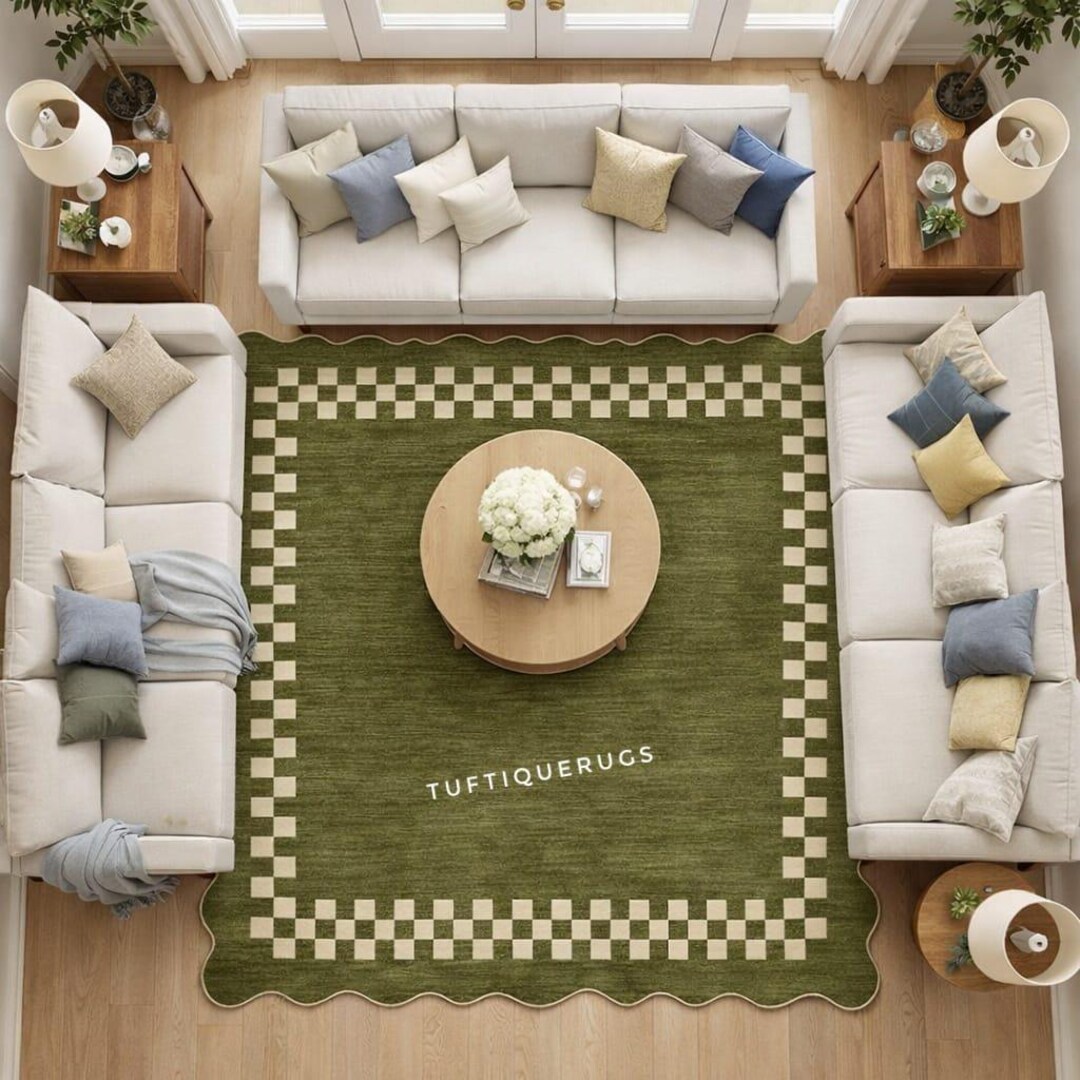 Hand Tufted Green Wool Rug With Checker Border, Modern Square Area ...