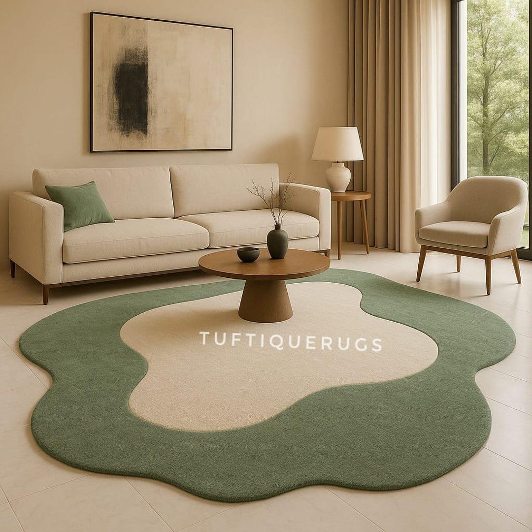 Organic Shape Hand Tufted Rug | Modern Green & Ivory Wool Area Rug - Etsy