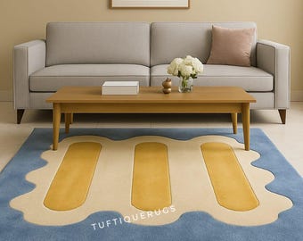 Modern Hand Tufted Wool Rug – Abstract Blue & Yellow Area Carpet