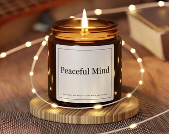 Peaceful Mind 4oz Soy Candle, Amber Jar Meditation Candle, Hand Poured Vegan Scented Candle, Stress Relief & Self Care Wellness Gift