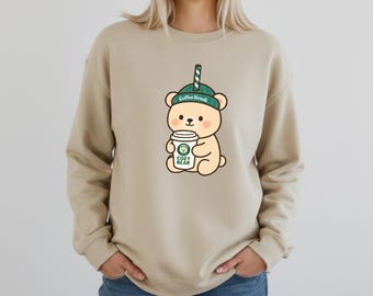 Kawaii Bear Coffee Sweatshirt, Cozy Crewneck