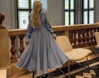 Handmade A-Line Dress with Ruffled Sleeves, Lace Trim, Couture Standard